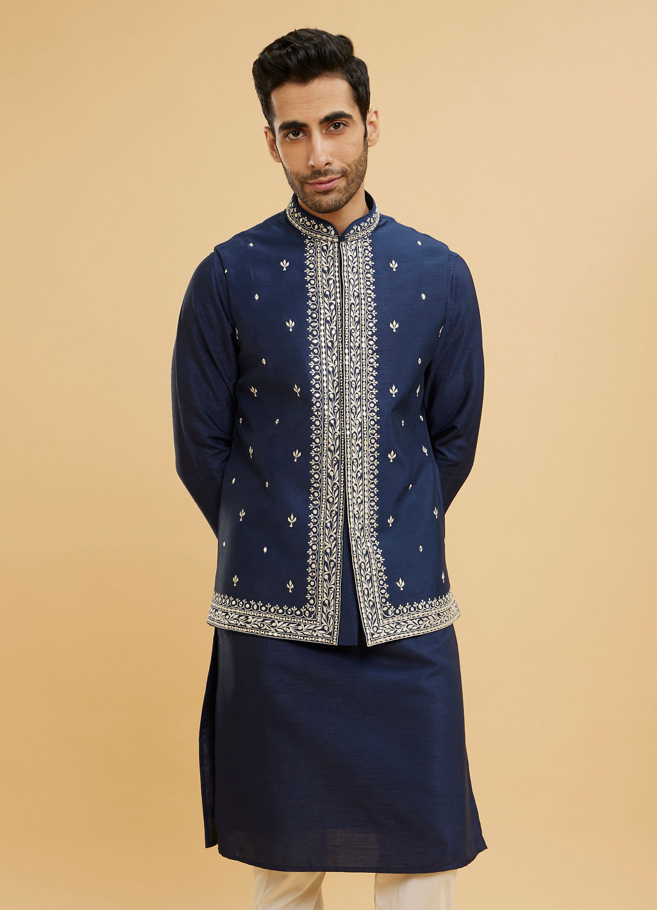 Twamev Men Navy Blue Buta Embroidered Jacket Set with Mirror Work
