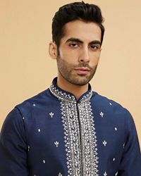 Twamev Men Navy Blue Buta Embroidered Jacket Set with Mirror Work