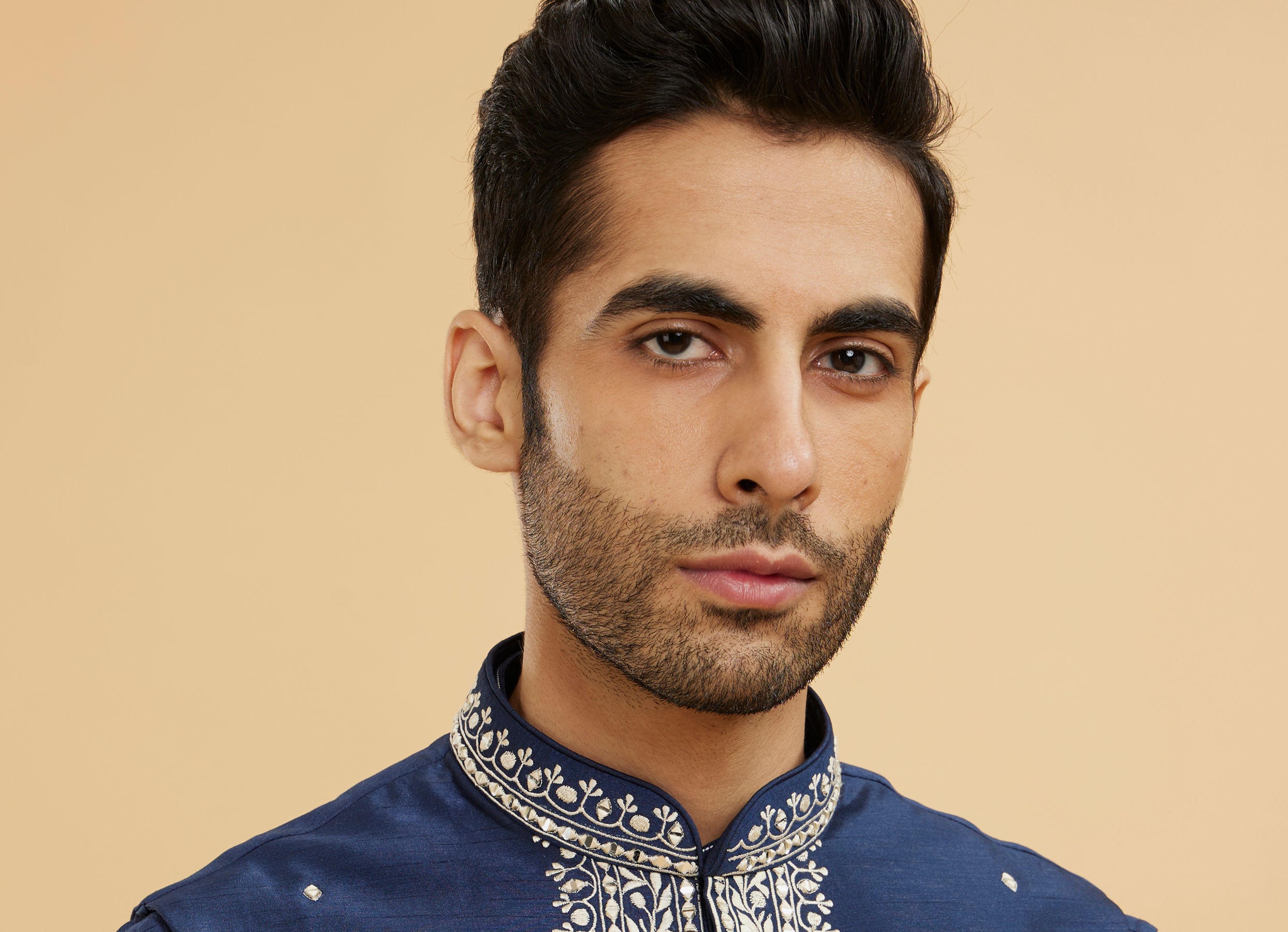 Twamev Men Navy Blue Buta Embroidered Jacket Set with Mirror Work