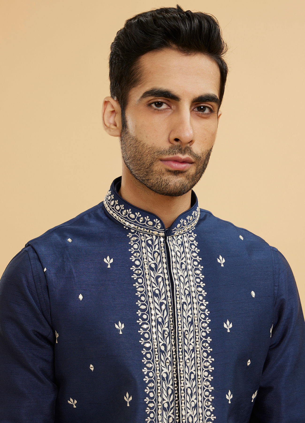 Twamev Men Navy Blue Buta Embroidered Jacket Set with Mirror Work