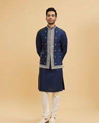 Twamev Men Navy Blue Buta Embroidered Jacket Set with Mirror Work