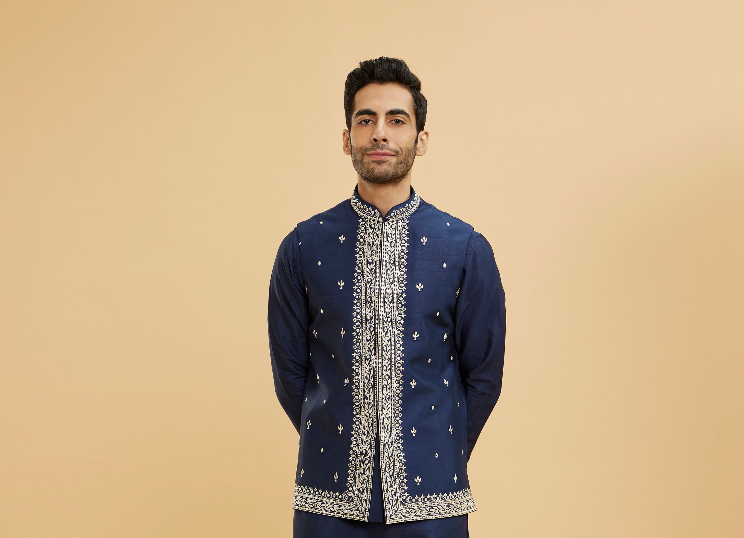 Twamev Men Navy Blue Buta Embroidered Jacket Set with Mirror Work