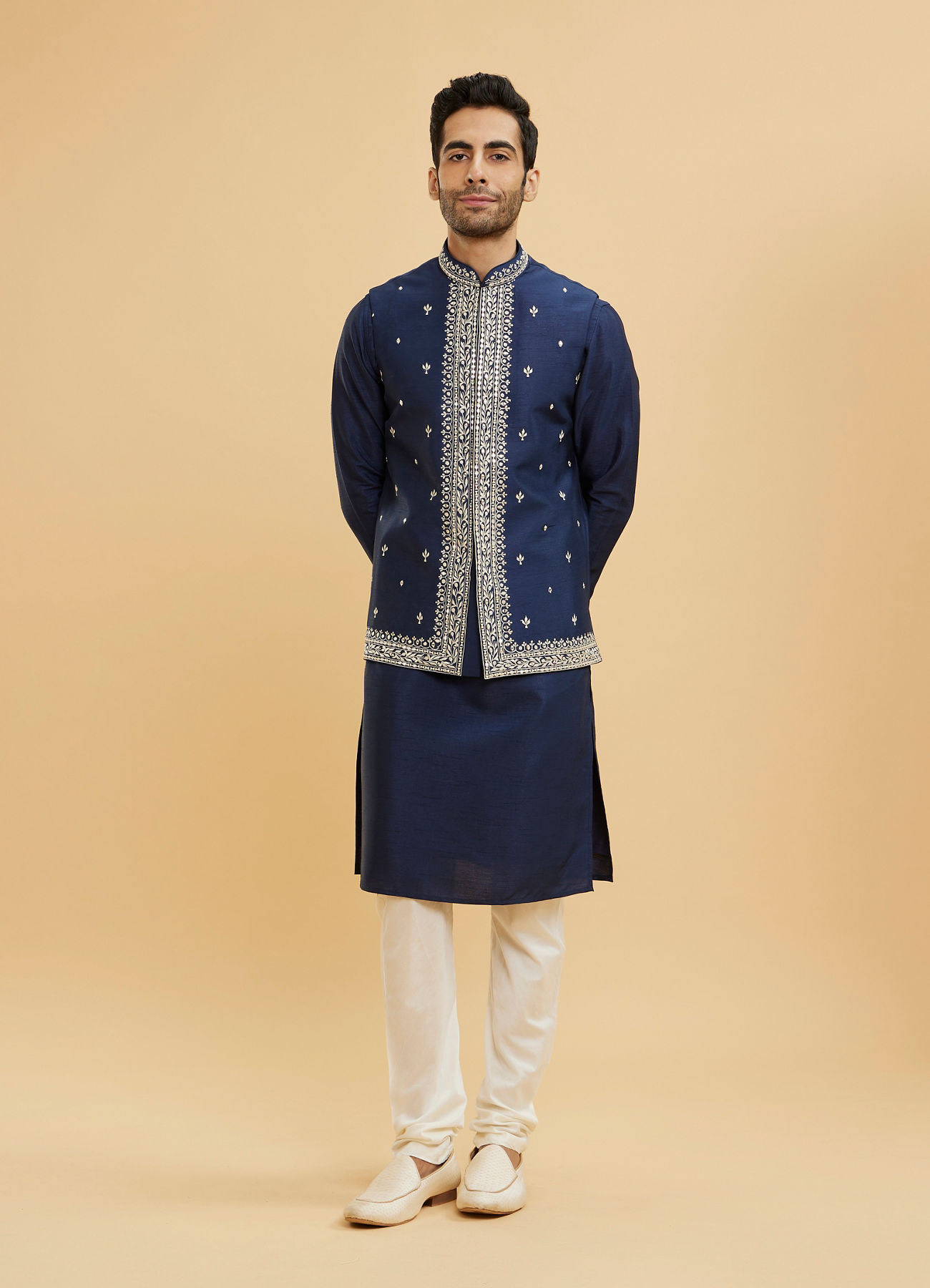 Twamev Men Navy Blue Buta Embroidered Jacket Set with Mirror Work