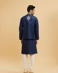 Twamev Men Navy Blue Buta Embroidered Jacket Set with Mirror Work