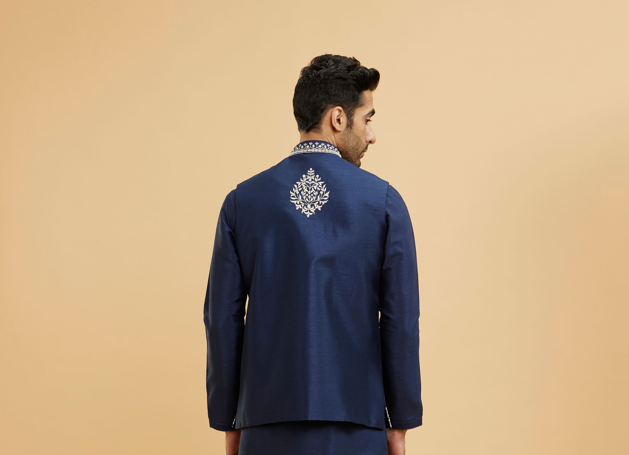 Twamev Men Navy Blue Buta Embroidered Jacket Set with Mirror Work