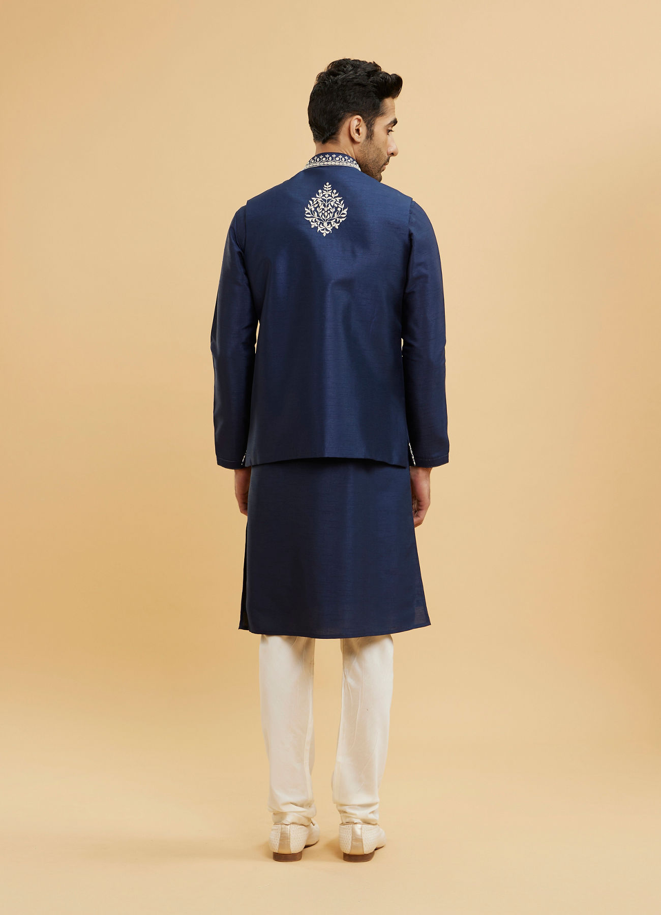 Twamev Men Navy Blue Buta Embroidered Jacket Set with Mirror Work