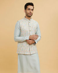 Twamev Men Ash Grey Leaf Patterned Jacket Set with Sequin Work