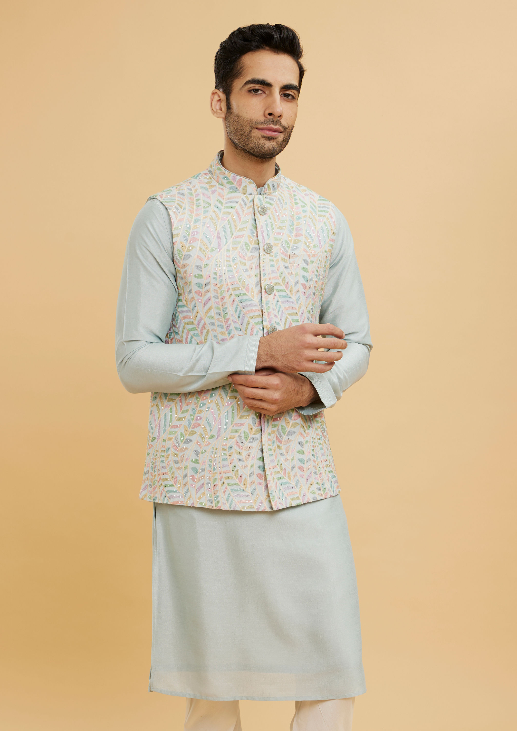 Twamev Men Ash Grey Leaf Patterned Jacket Set with Sequin Work