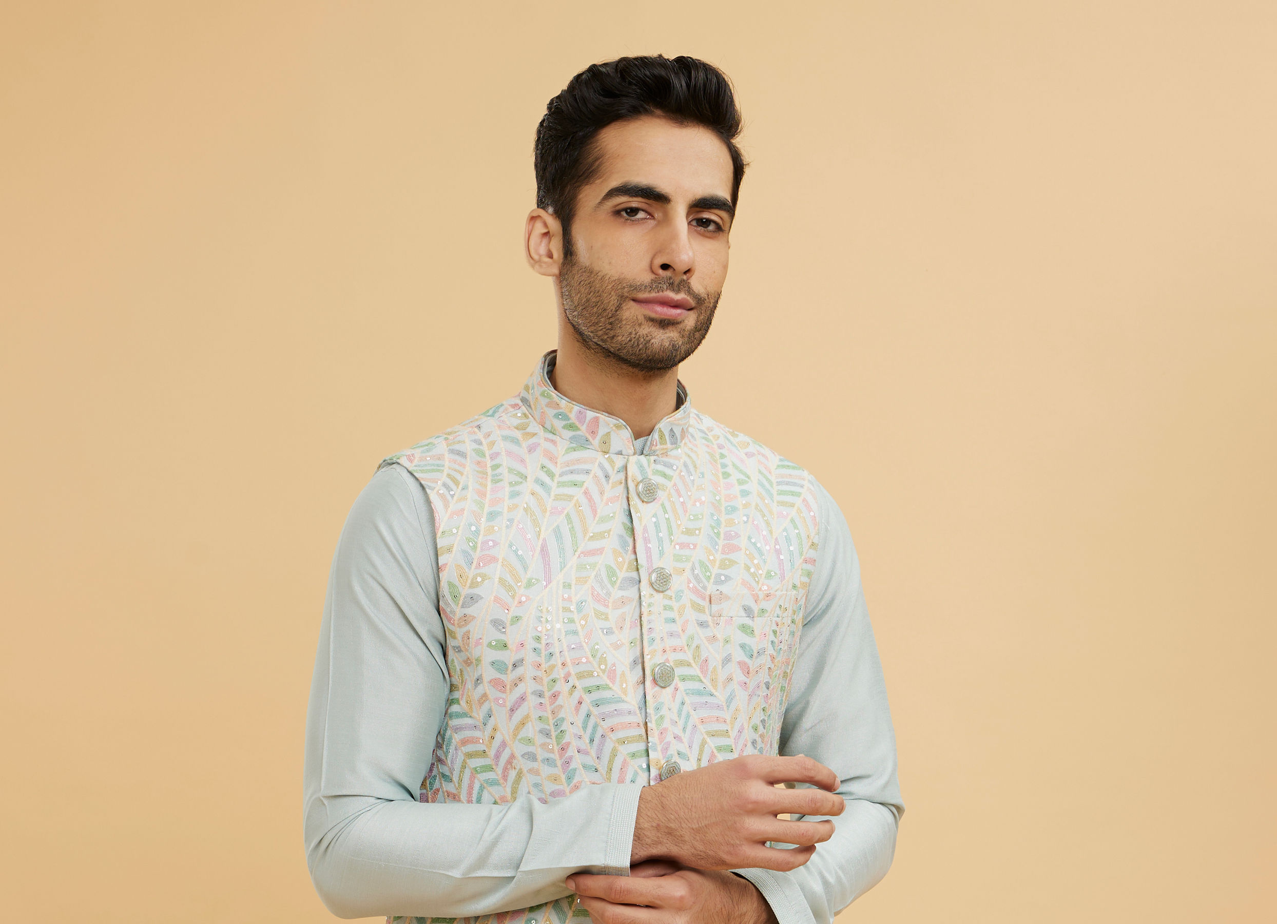 Twamev Men Ash Grey Leaf Patterned Jacket Set with Sequin Work