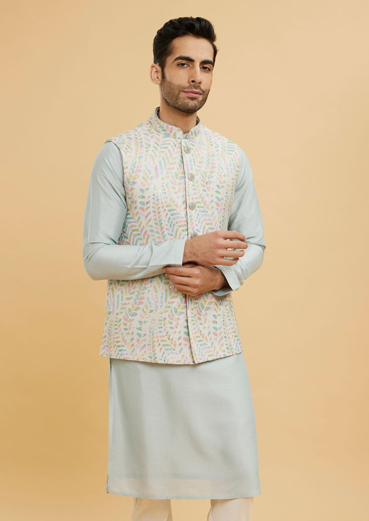 Twamev Men Ash Grey Leaf Patterned Jacket Set with Sequin Work