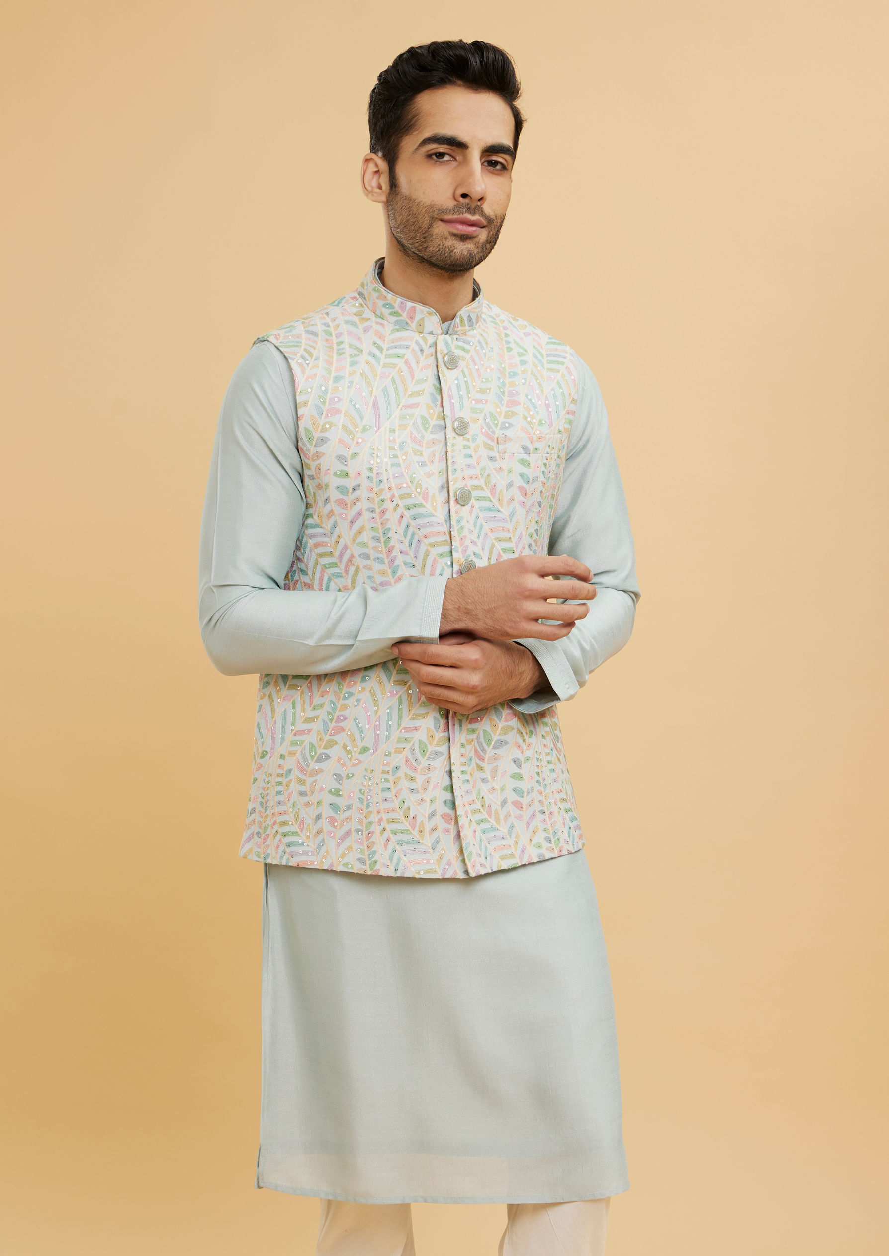 Twamev Men Ash Grey Leaf Patterned Jacket Set with Sequin Work