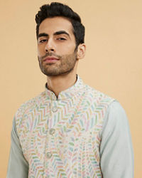 Twamev Men Ash Grey Leaf Patterned Jacket Set with Sequin Work