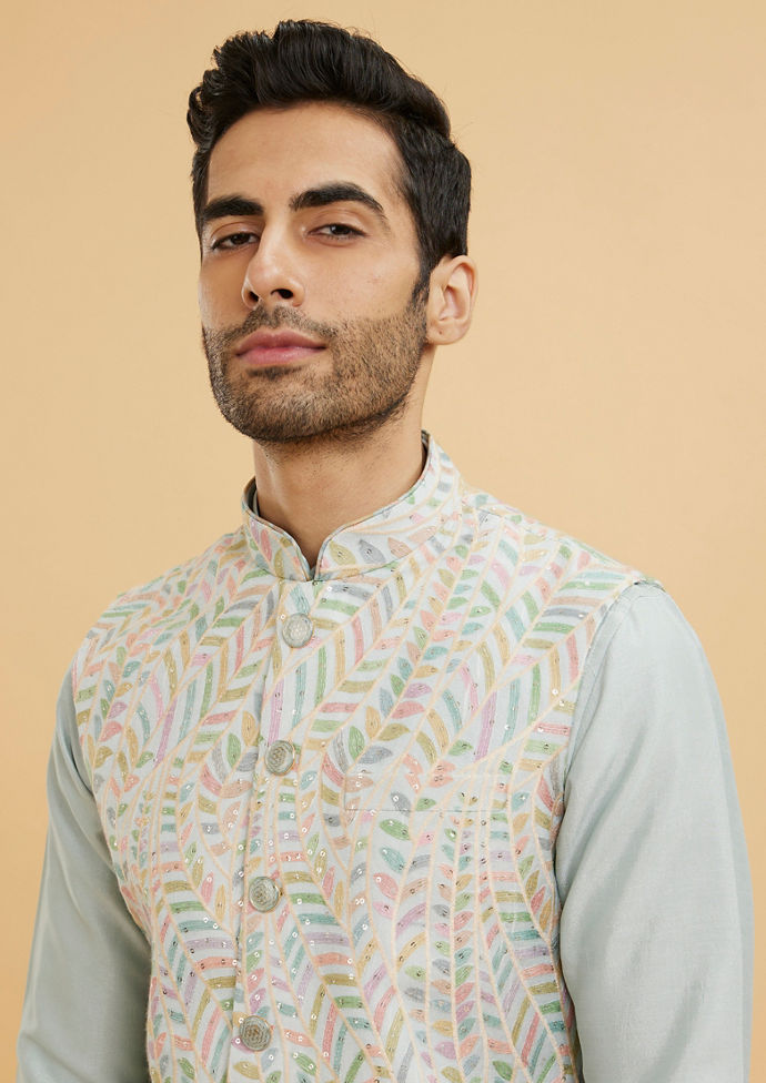 Twamev Men Ash Grey Leaf Patterned Jacket Set with Sequin Work