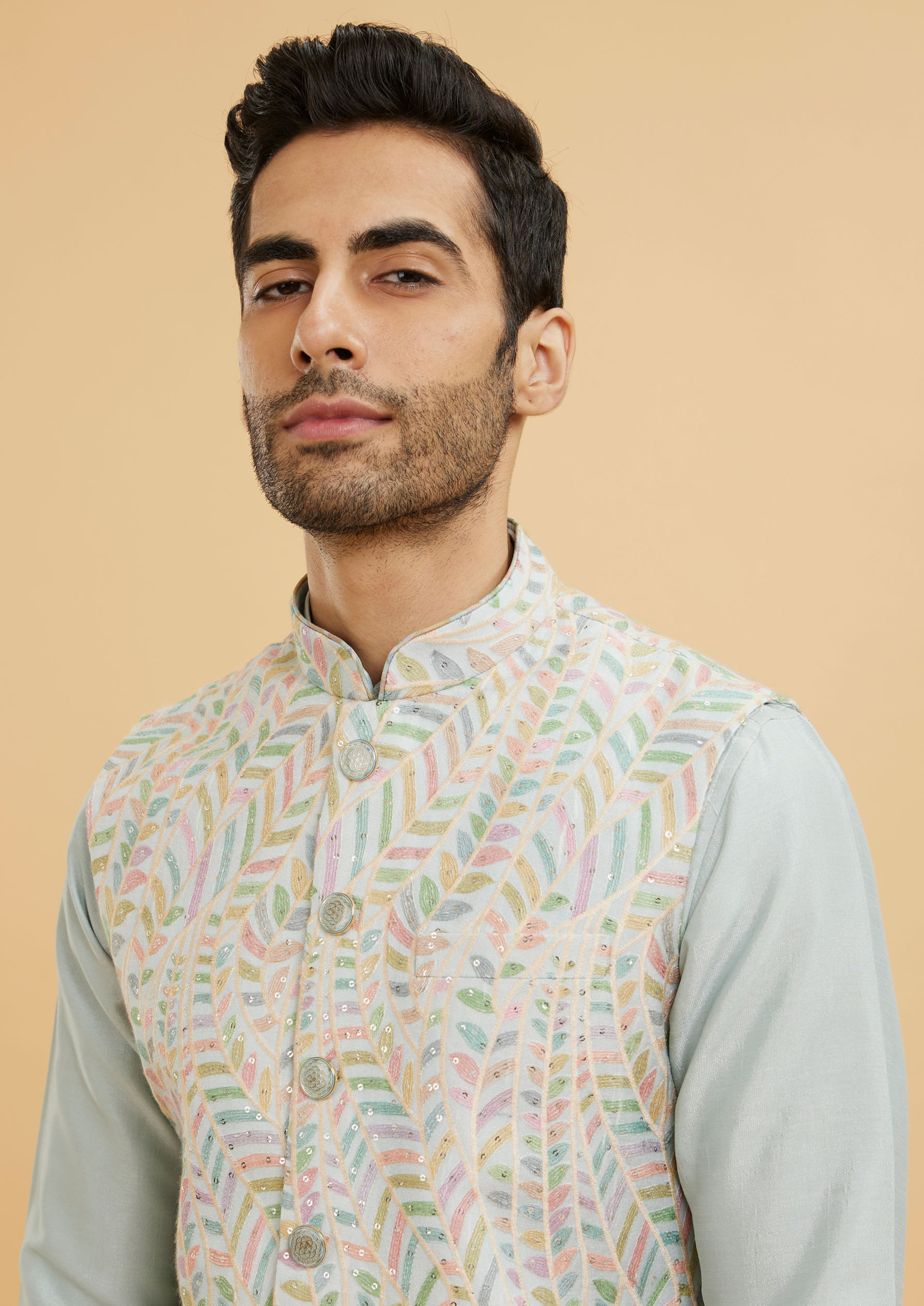 Twamev Men Ash Grey Leaf Patterned Jacket Set with Sequin Work