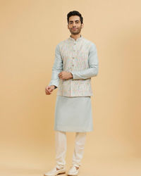 Twamev Men Ash Grey Leaf Patterned Jacket Set with Sequin Work