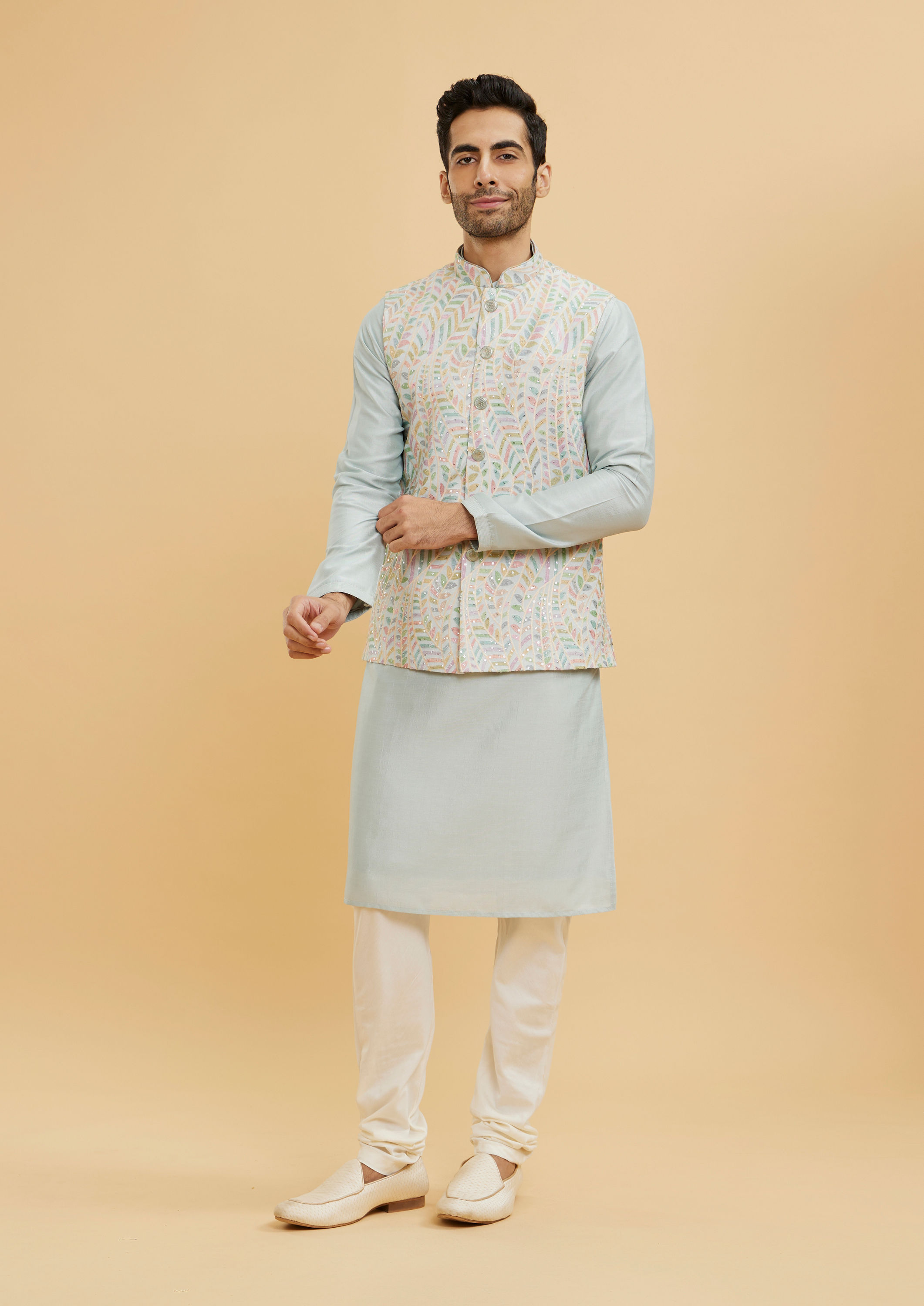 Twamev Men Ash Grey Leaf Patterned Jacket Set with Sequin Work