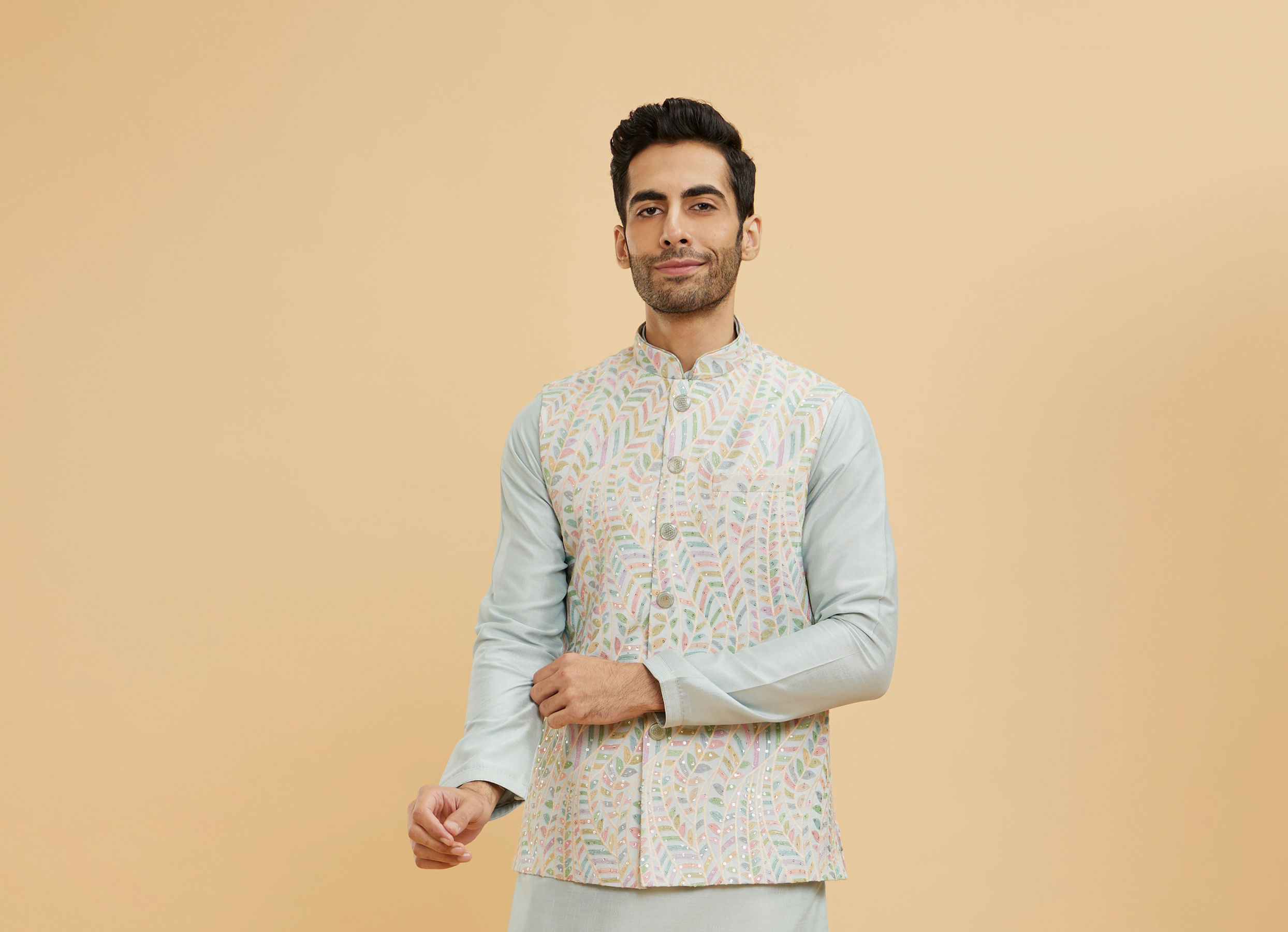 Twamev Men Ash Grey Leaf Patterned Jacket Set with Sequin Work