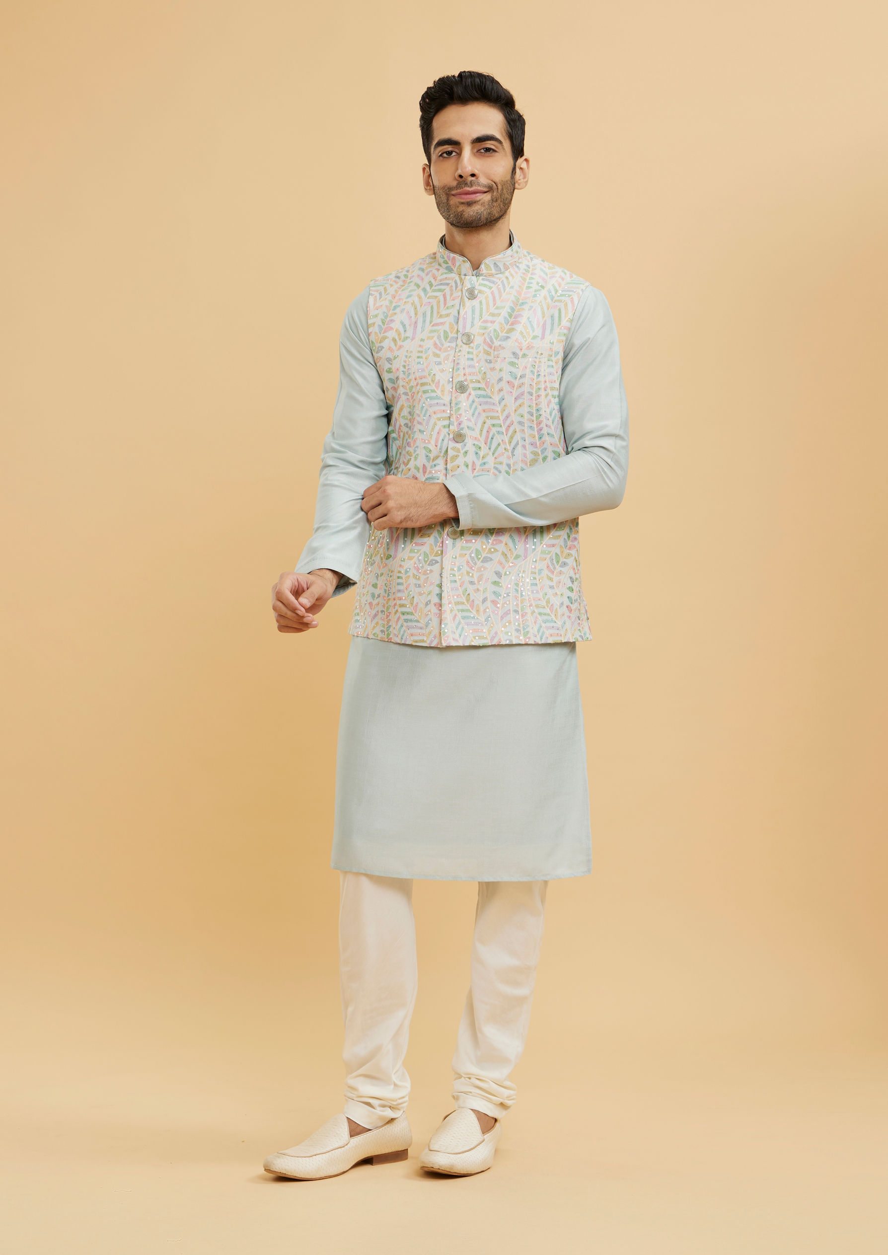 Twamev Men Ash Grey Leaf Patterned Jacket Set with Sequin Work