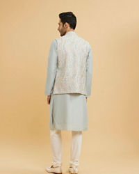Twamev Men Ash Grey Leaf Patterned Jacket Set with Sequin Work