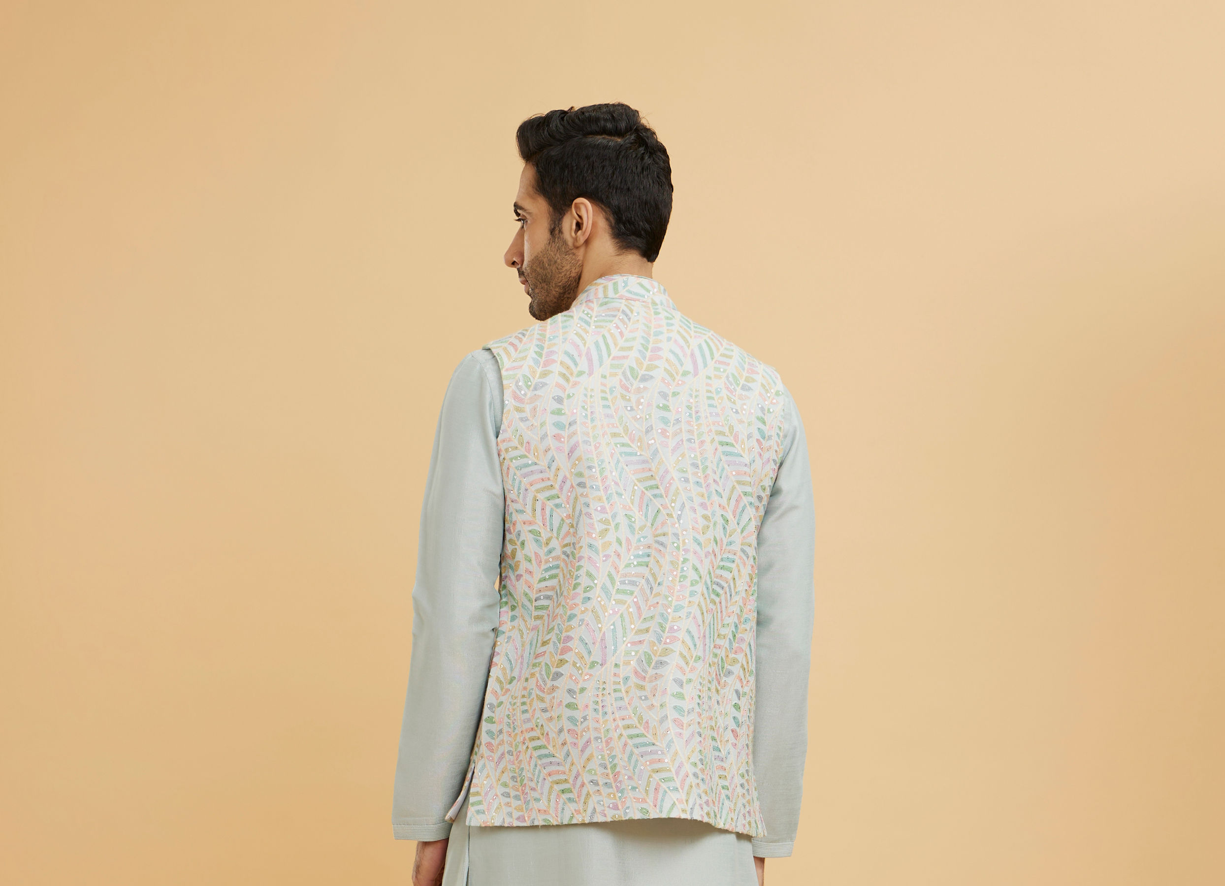 Twamev Men Ash Grey Leaf Patterned Jacket Set with Sequin Work