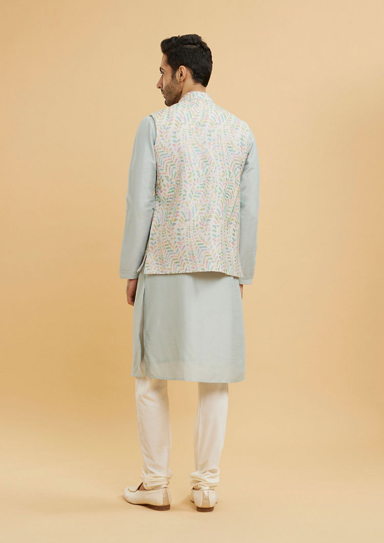Twamev Men Ash Grey Leaf Patterned Jacket Set with Sequin Work