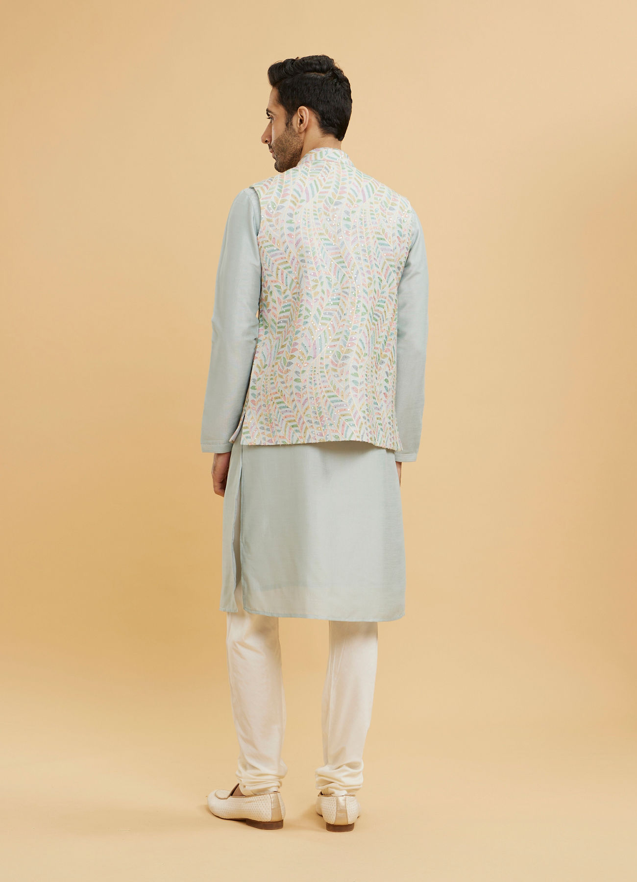 Twamev Men Ash Grey Leaf Patterned Jacket Set with Sequin Work