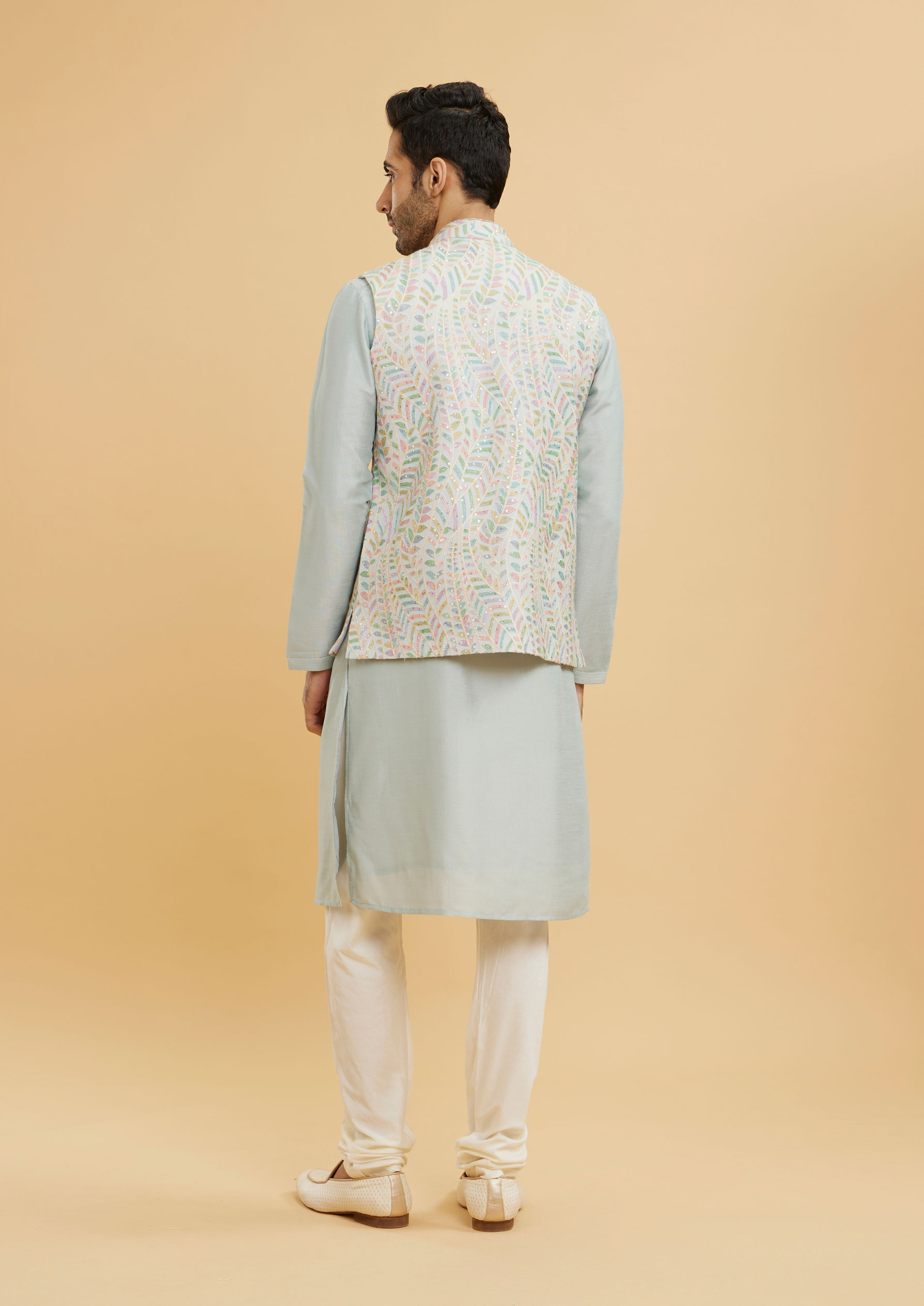 Twamev Men Ash Grey Leaf Patterned Jacket Set with Sequin Work
