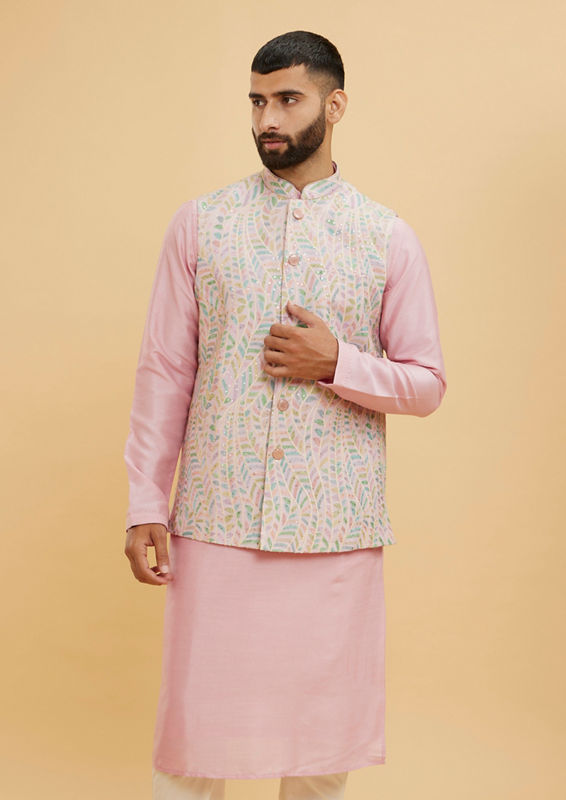 Twamev Men Dusty Pink Leaf Patterned Jacket Set with Sequin Work