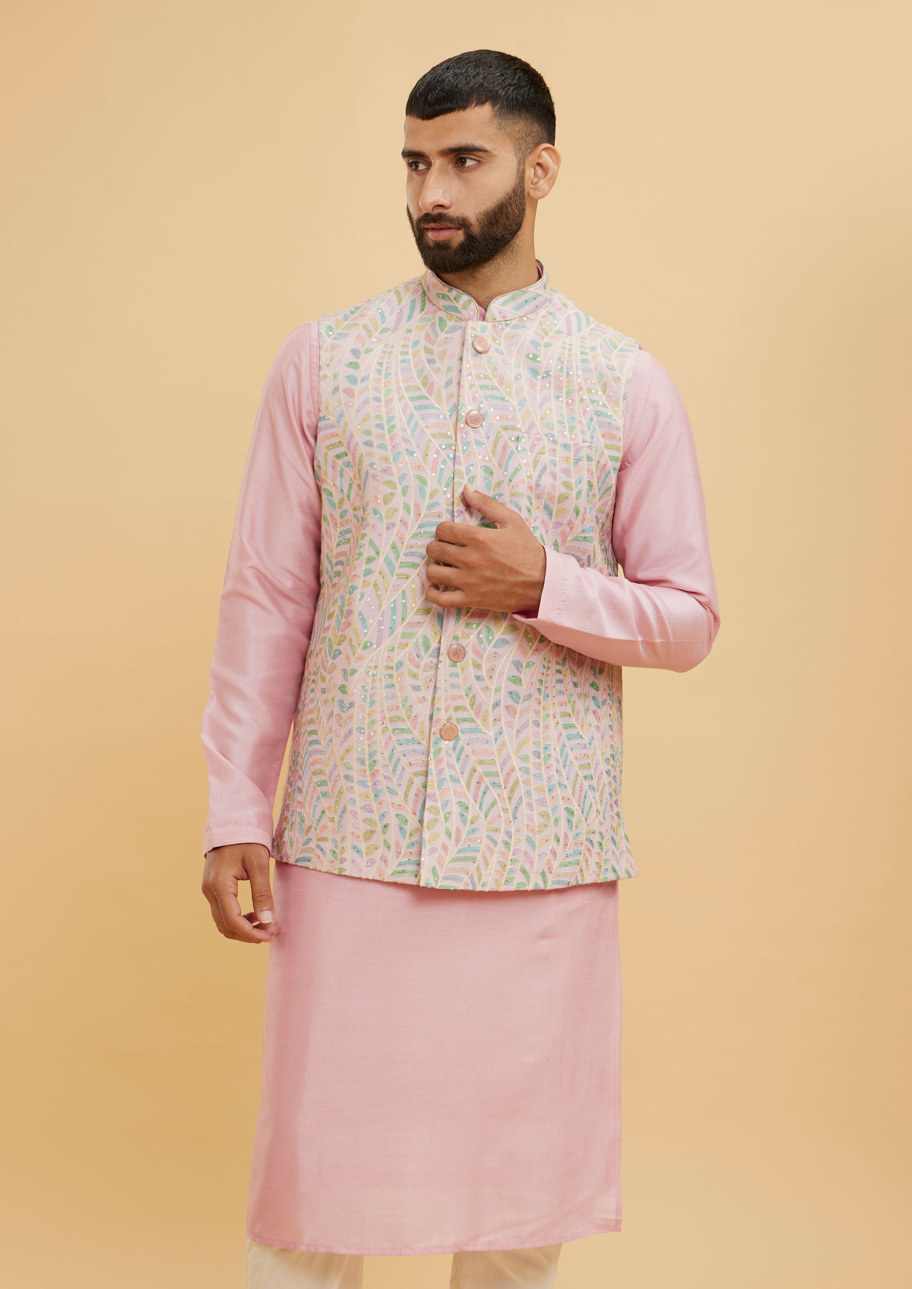 Twamev Men Dusty Pink Leaf Patterned Jacket Set with Sequin Work