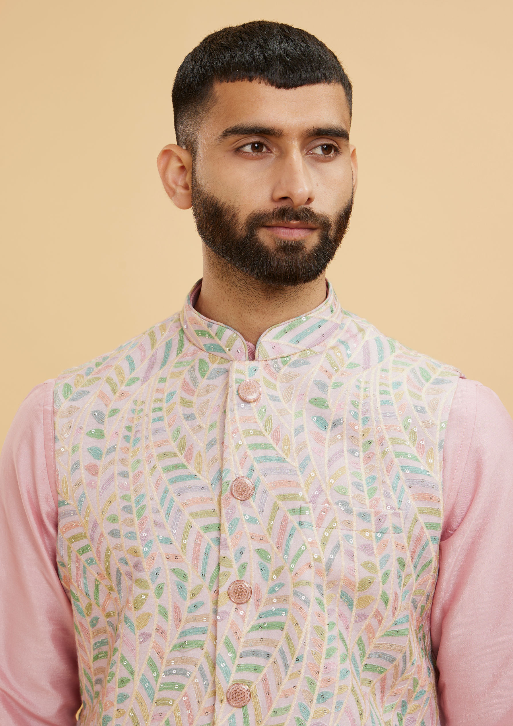 Twamev Men Dusty Pink Leaf Patterned Jacket Set with Sequin Work