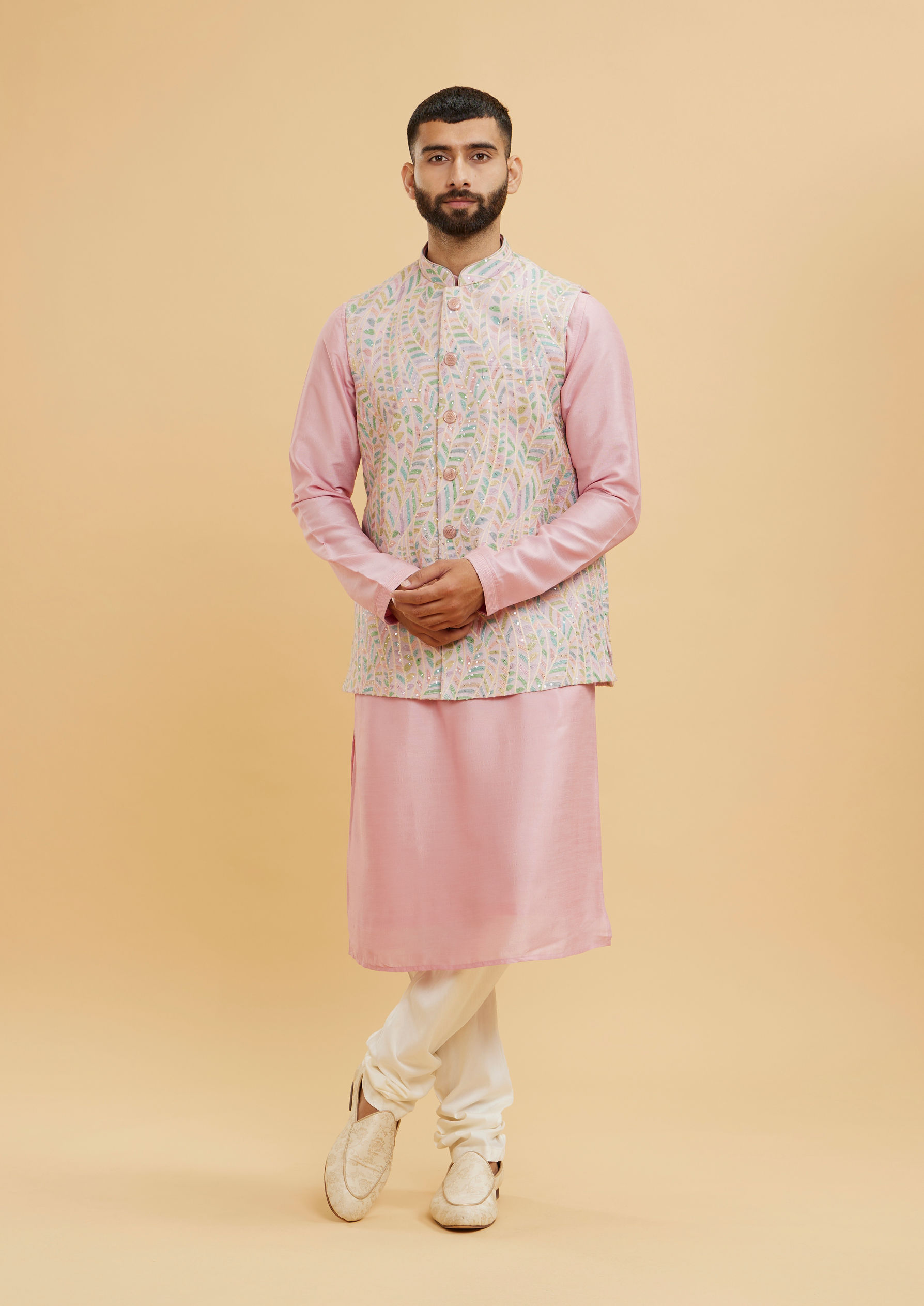 Twamev Men Dusty Pink Leaf Patterned Jacket Set with Sequin Work