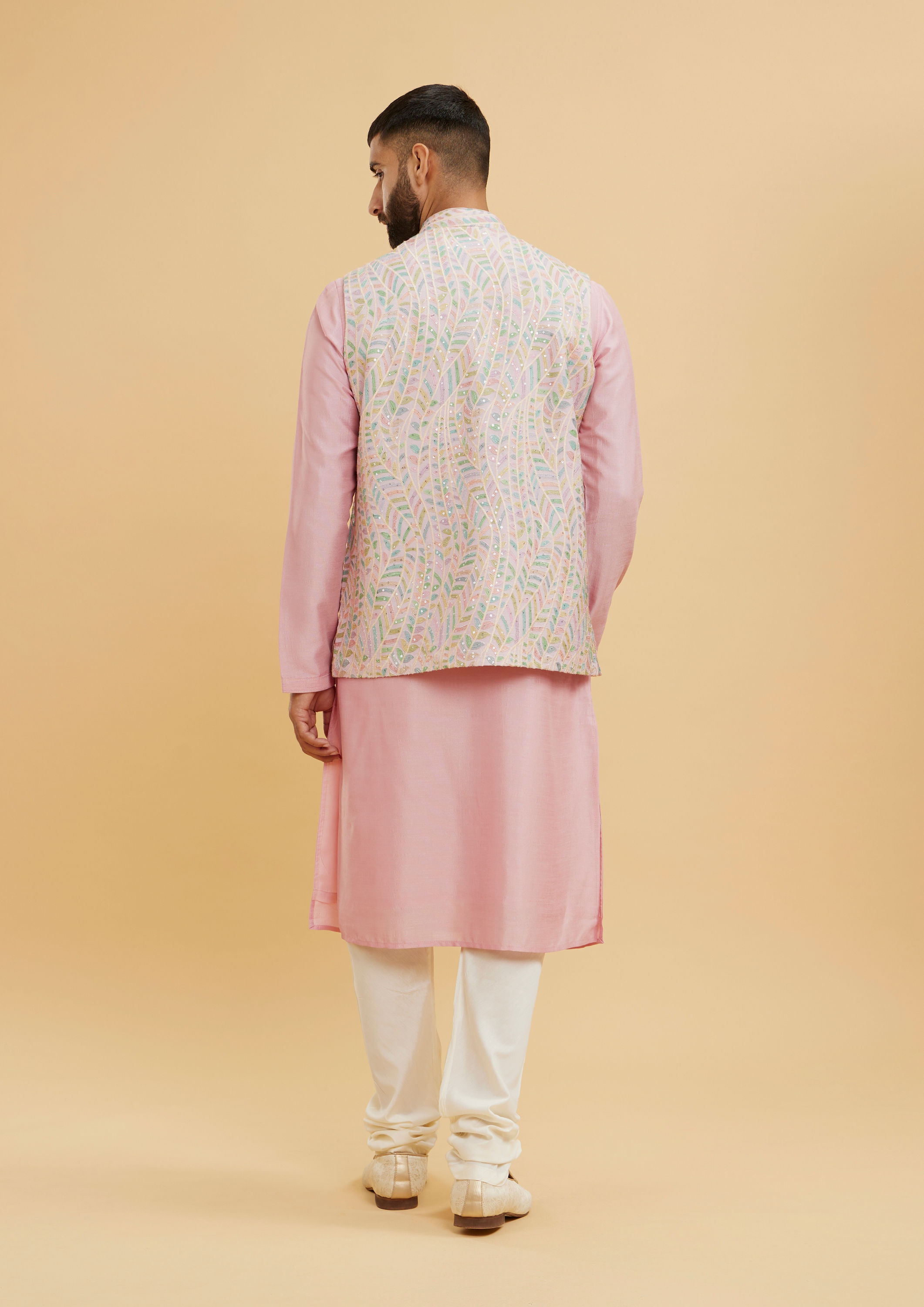 Twamev Men Dusty Pink Leaf Patterned Jacket Set with Sequin Work