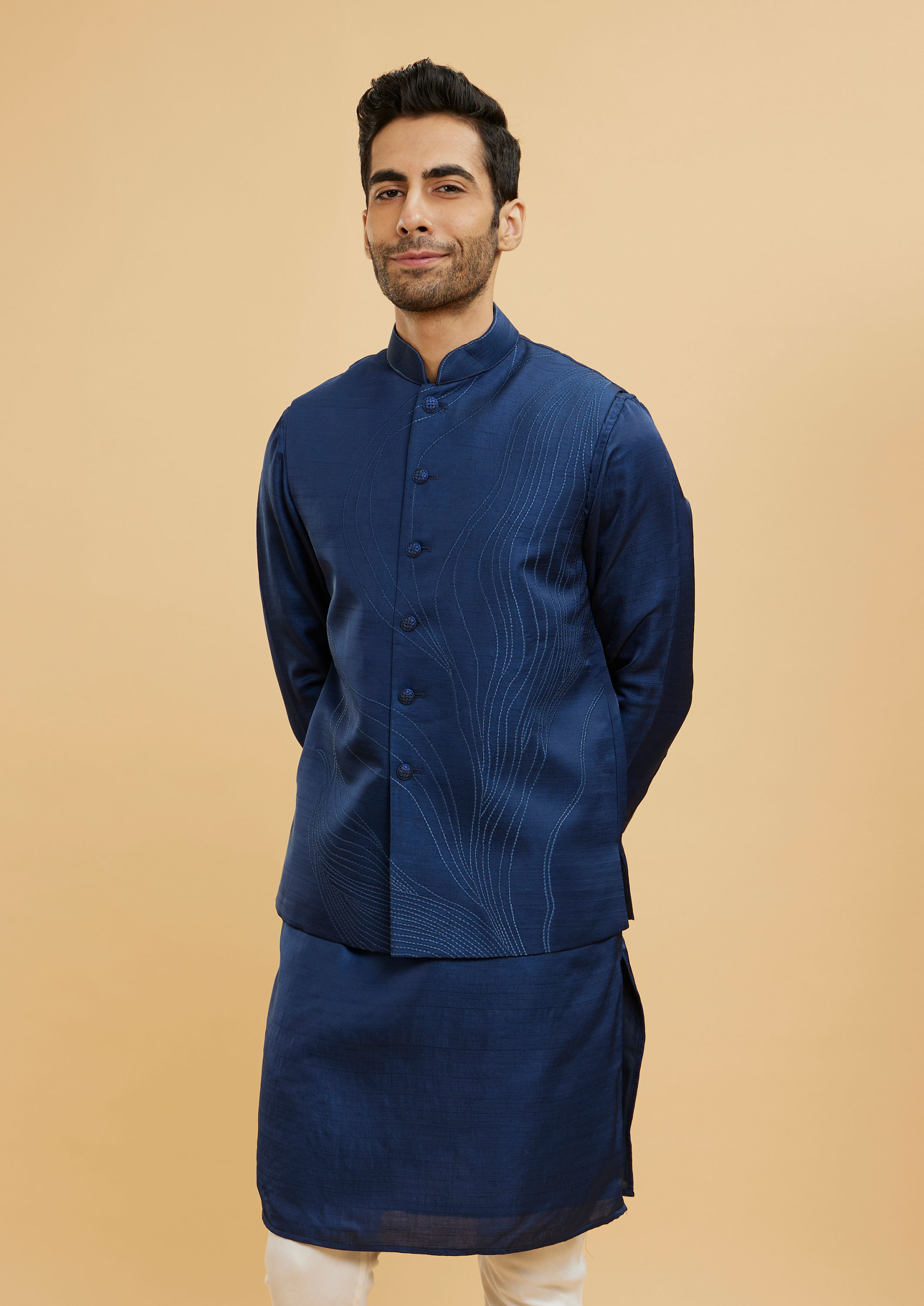 Twamev Men Navy Blue Wave Patterned Jacket Set with Shimmery Highlights