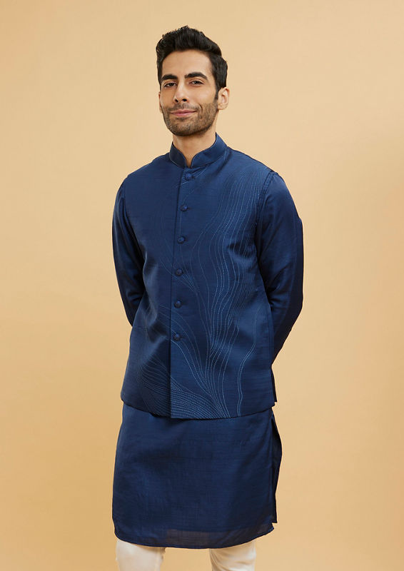 Twamev Men Navy Blue Wave Patterned Jacket Set with Shimmery Highlights