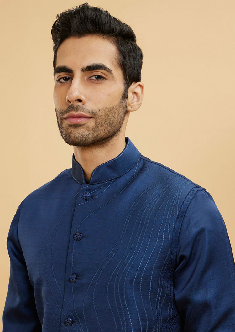 Twamev Men Navy Blue Wave Patterned Jacket Set with Shimmery Highlights