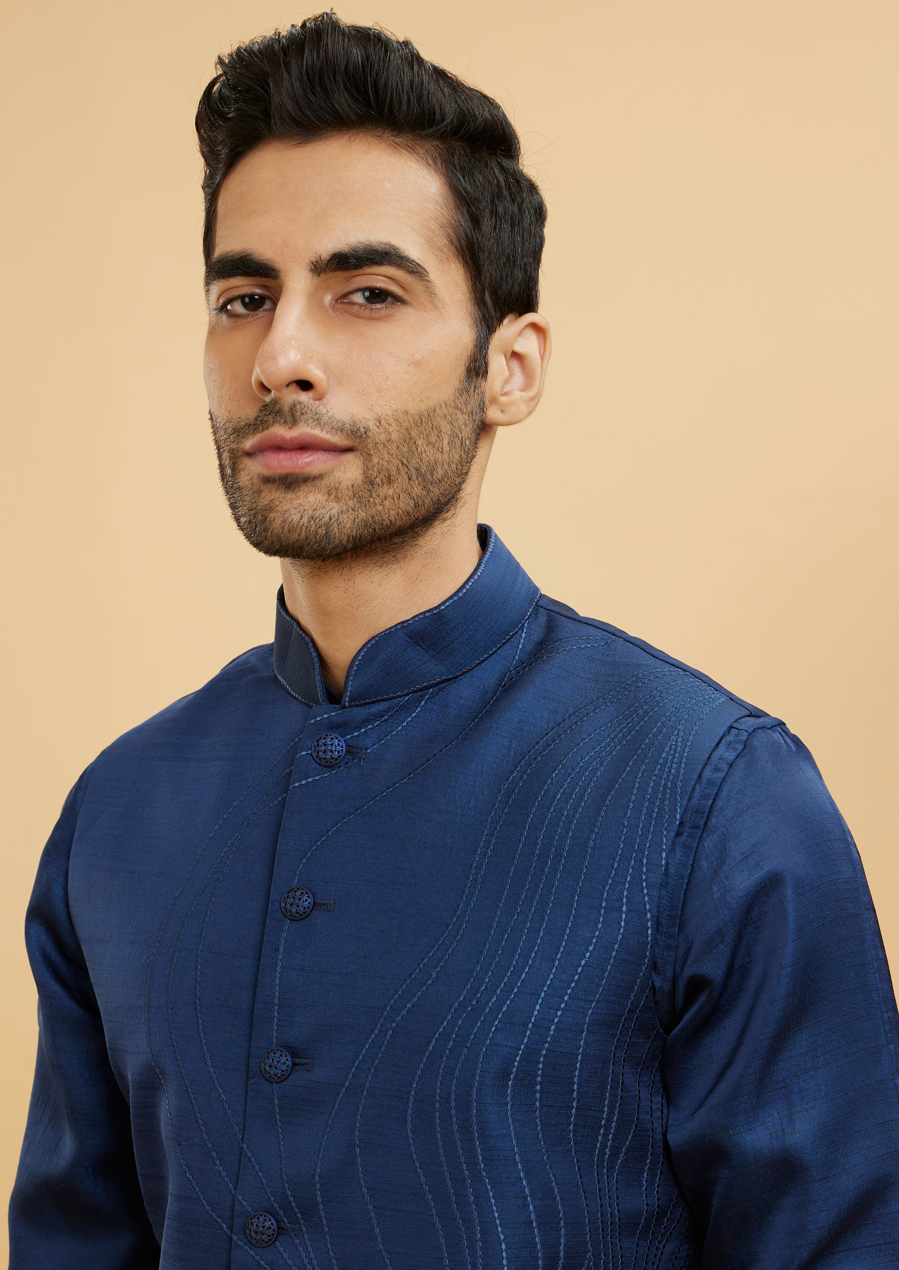 Twamev Men Navy Blue Wave Patterned Jacket Set with Shimmery Highlights