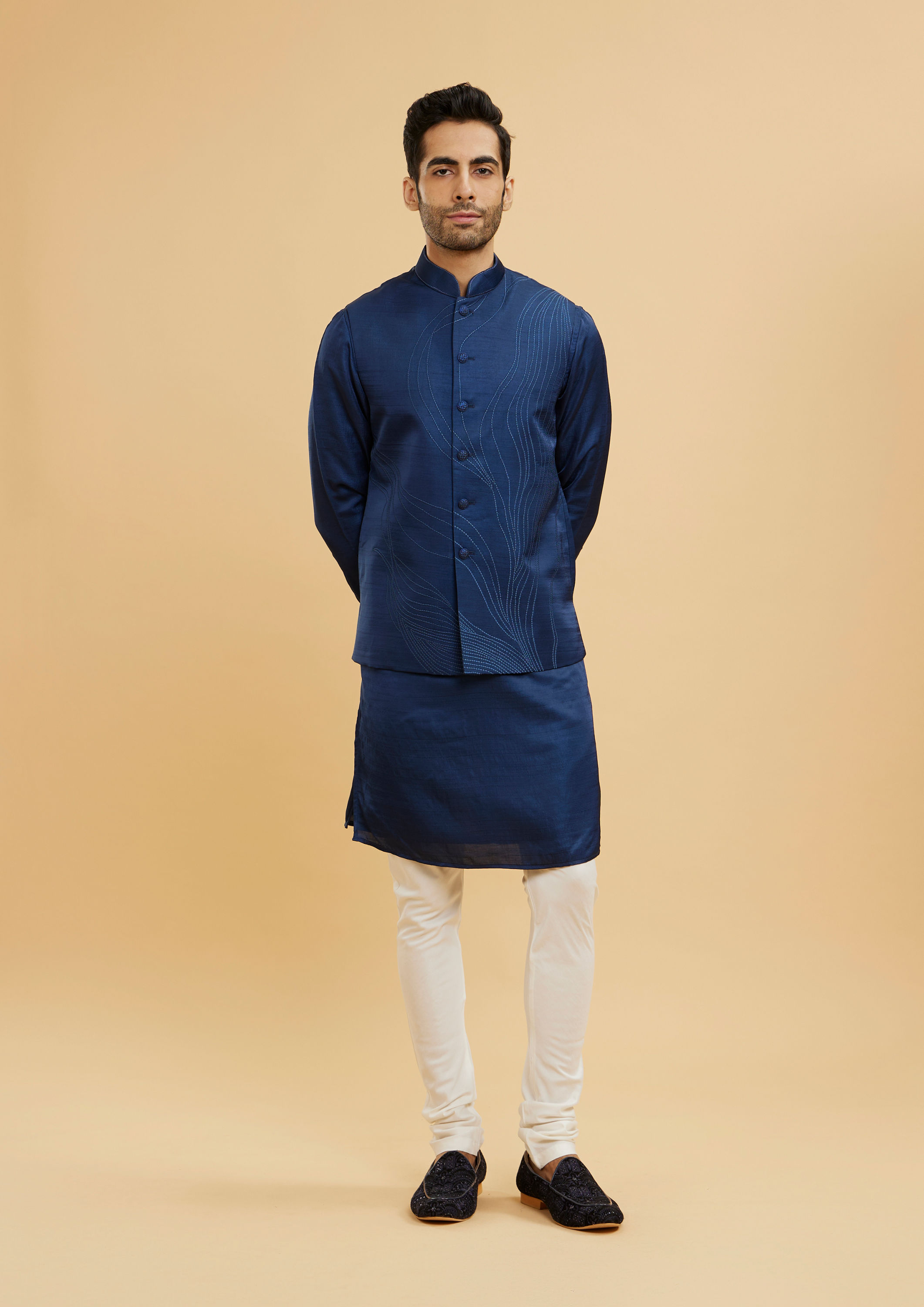 Twamev Men Navy Blue Wave Patterned Jacket Set with Shimmery Highlights