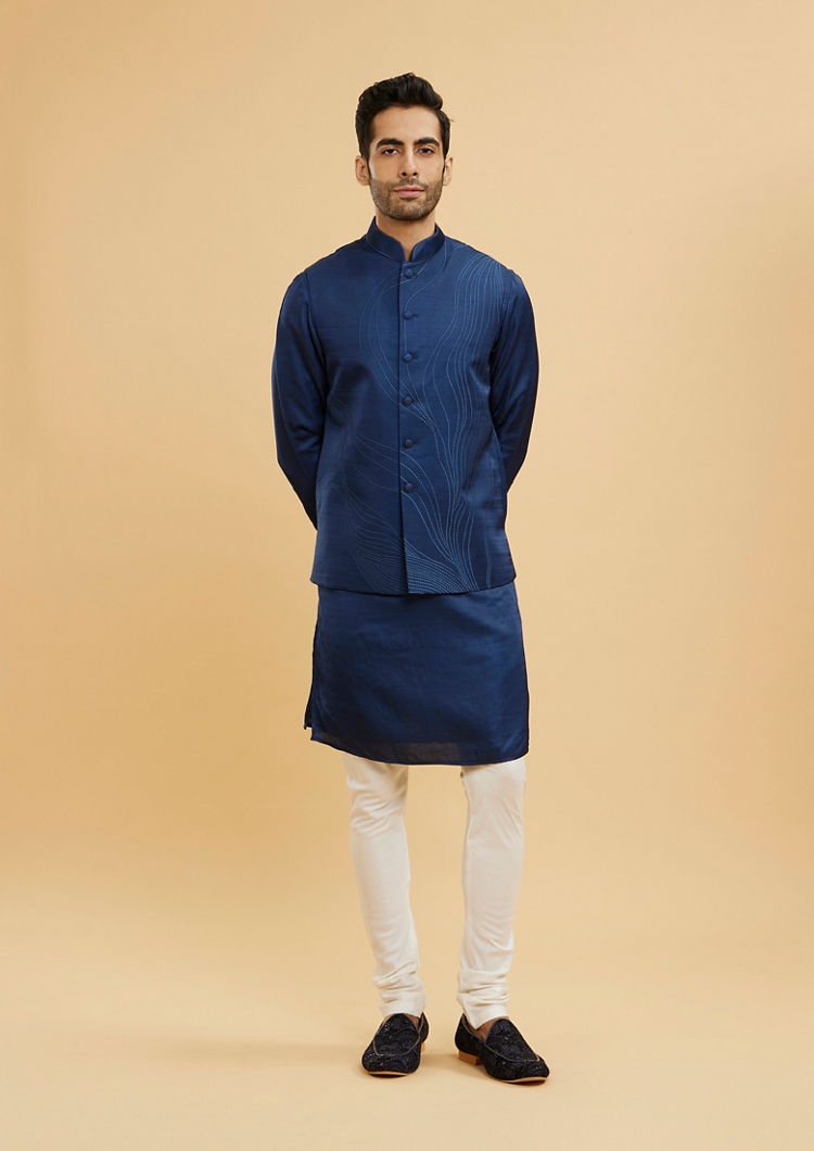 Twamev Men Navy Blue Wave Patterned Jacket Set with Shimmery Highlights