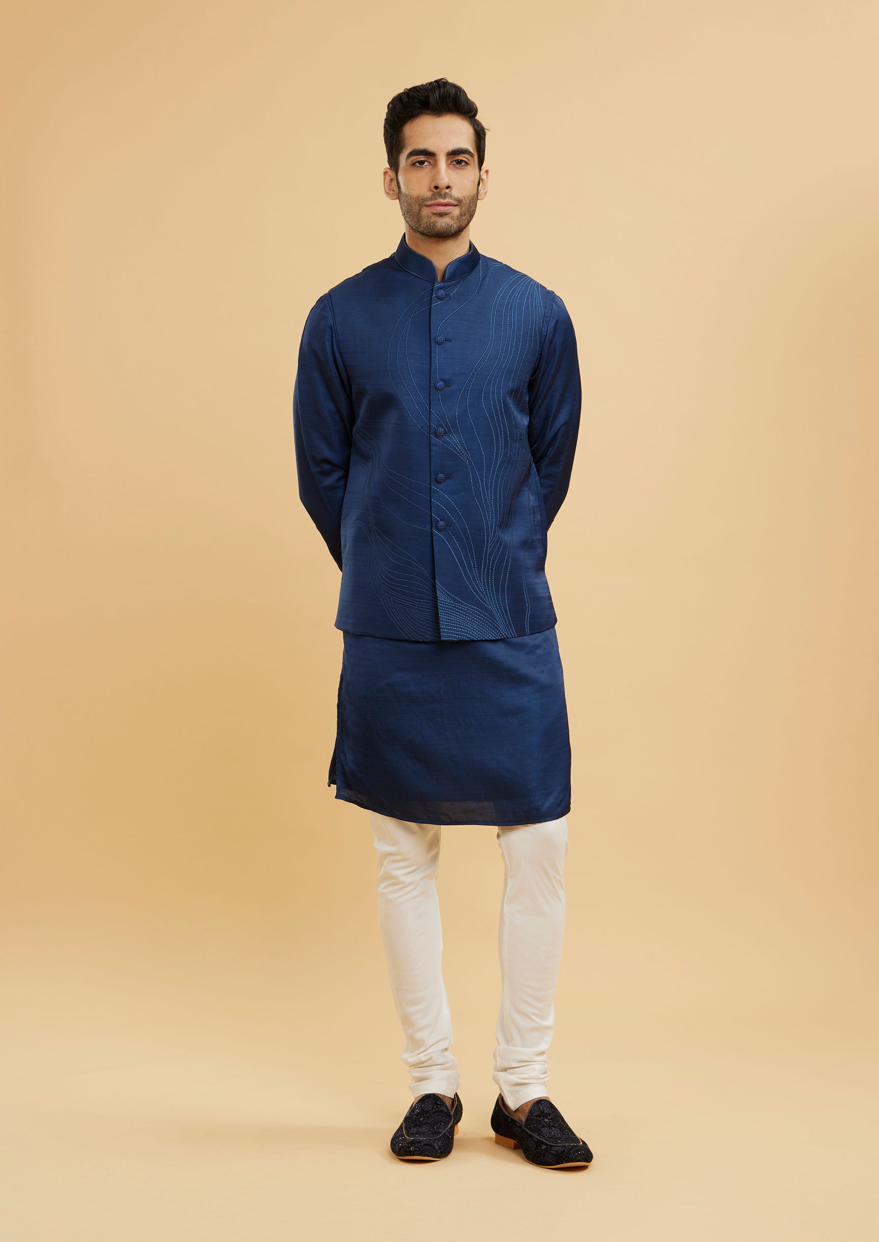 Twamev Men Navy Blue Wave Patterned Jacket Set with Shimmery Highlights