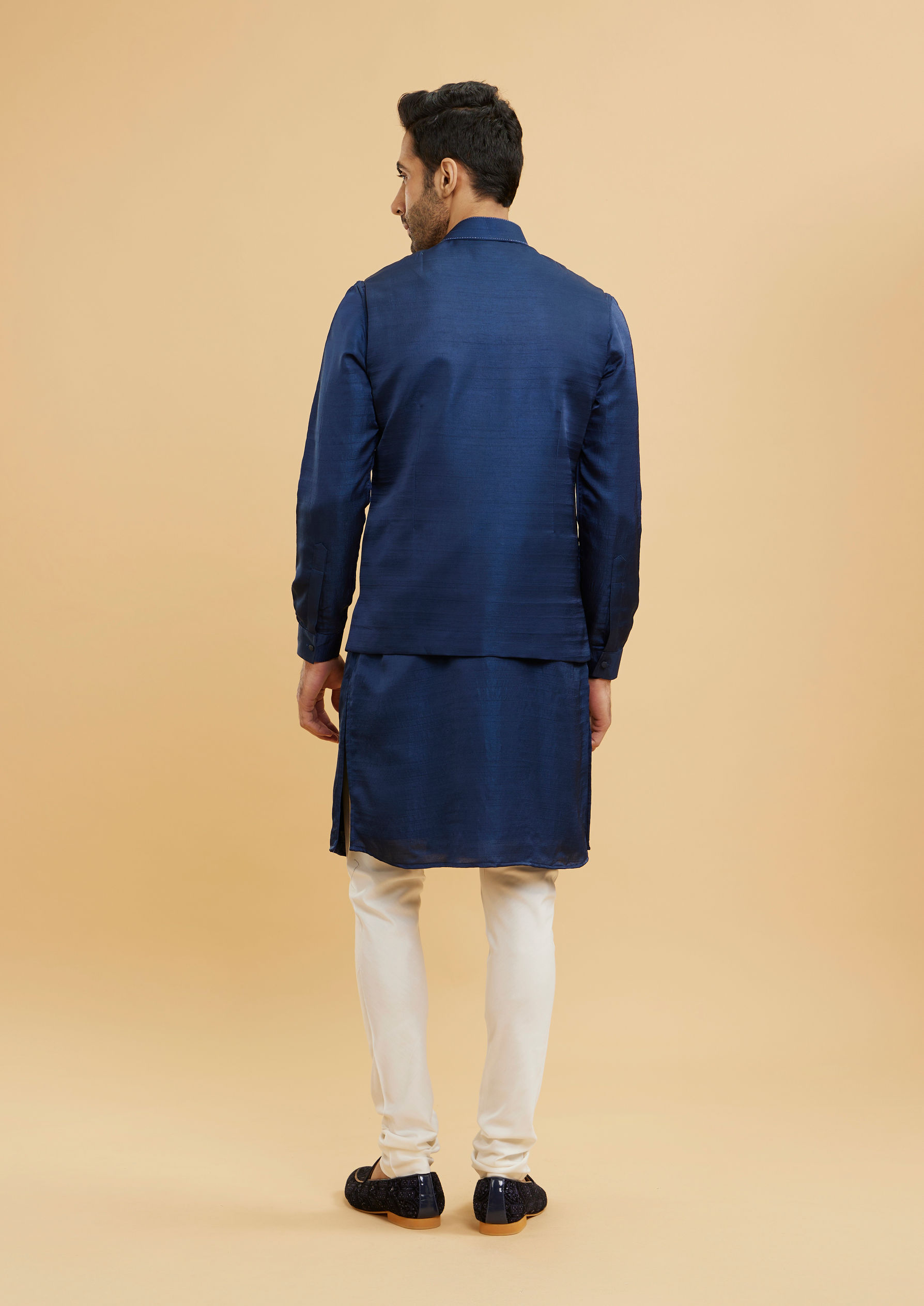 Twamev Men Navy Blue Wave Patterned Jacket Set with Shimmery Highlights