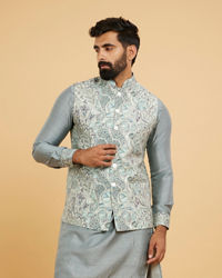 Twamev Men Soft Green Chanderi Bel Buti Printed Jacket Set
