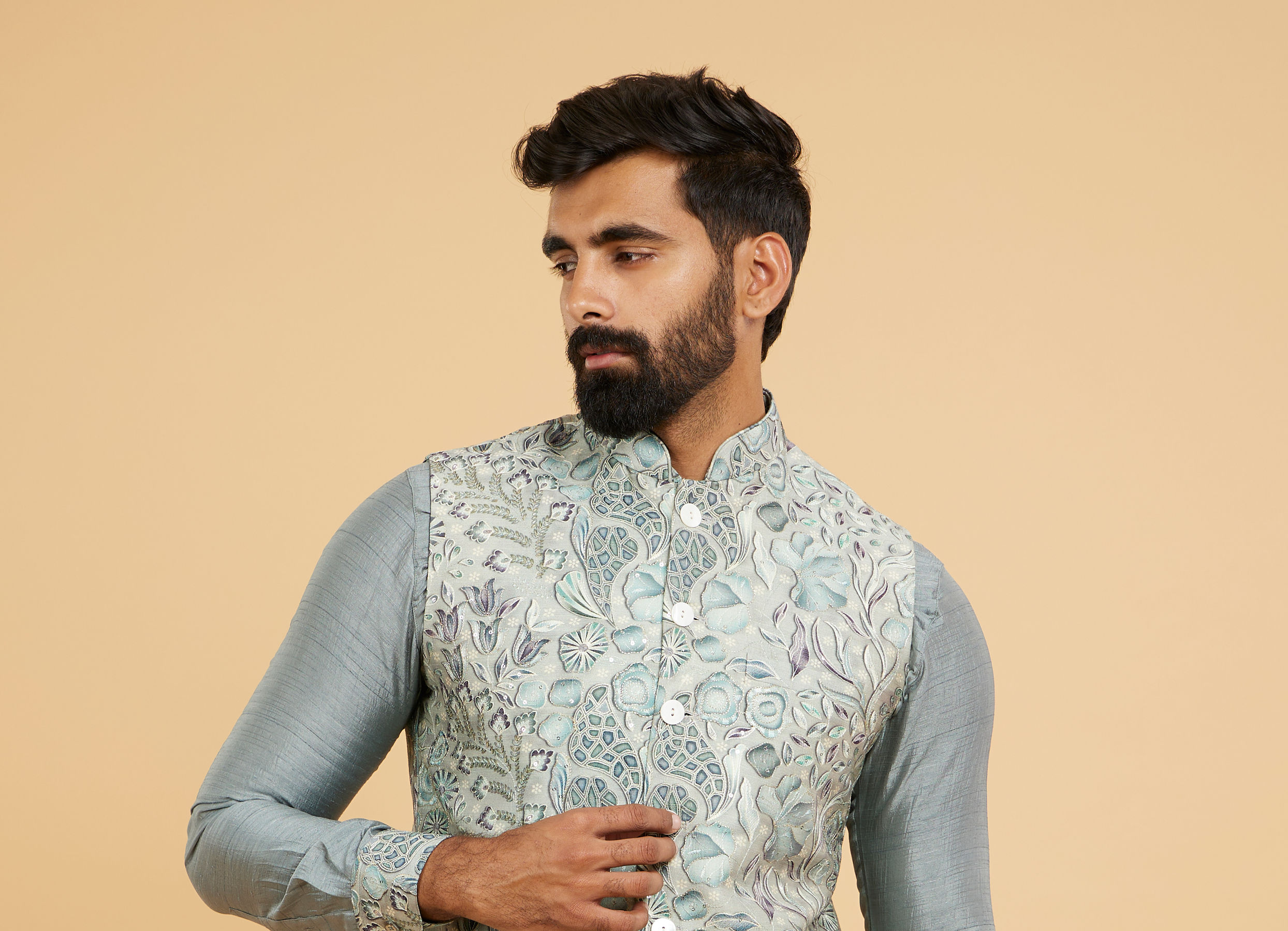 Twamev Men Soft Green Chanderi Bel Buti Printed Jacket Set