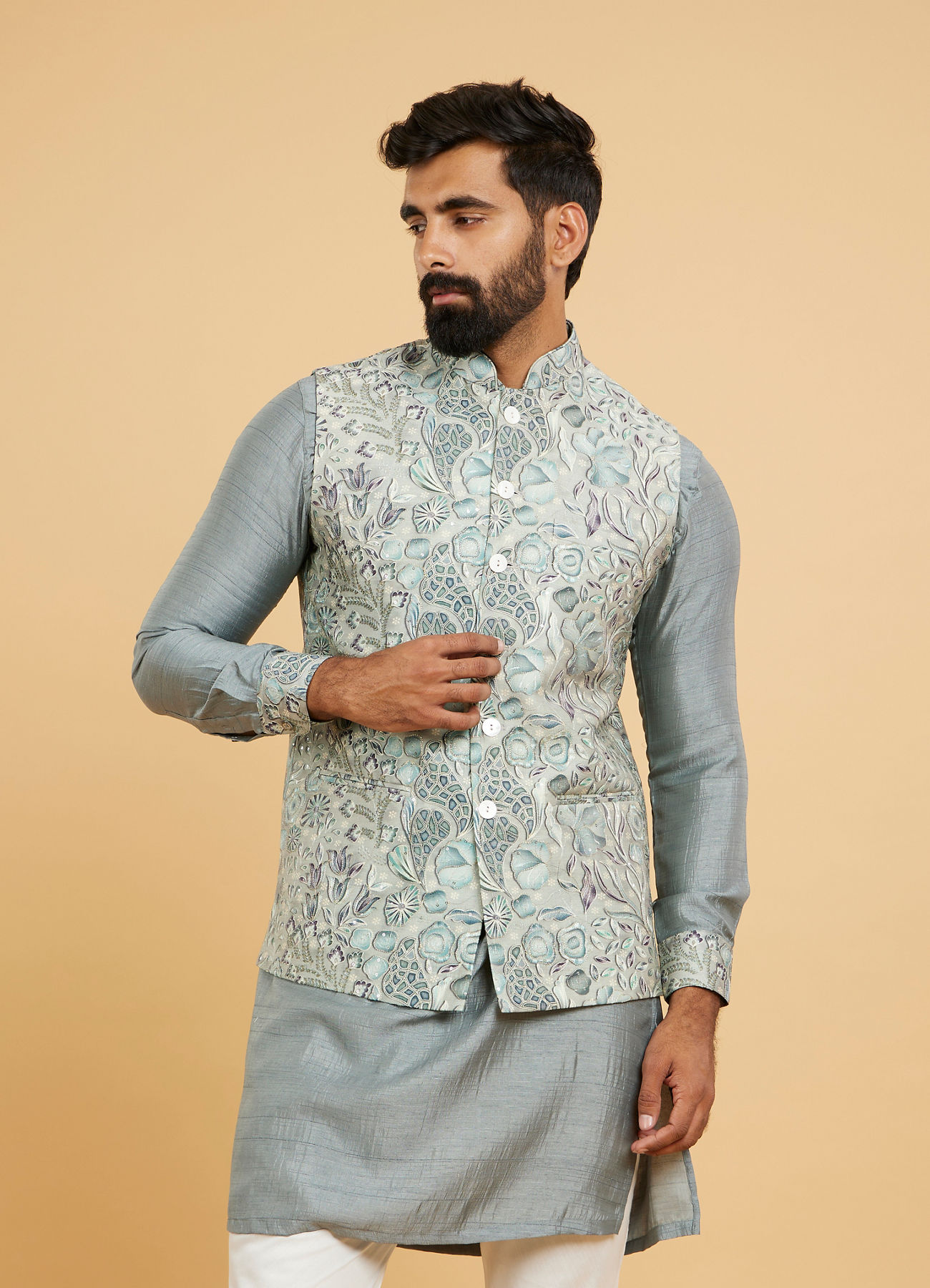 Twamev Men Soft Green Chanderi Bel Buti Printed Jacket Set