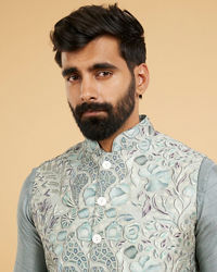 Twamev Men Soft Green Chanderi Bel Buti Printed Jacket Set