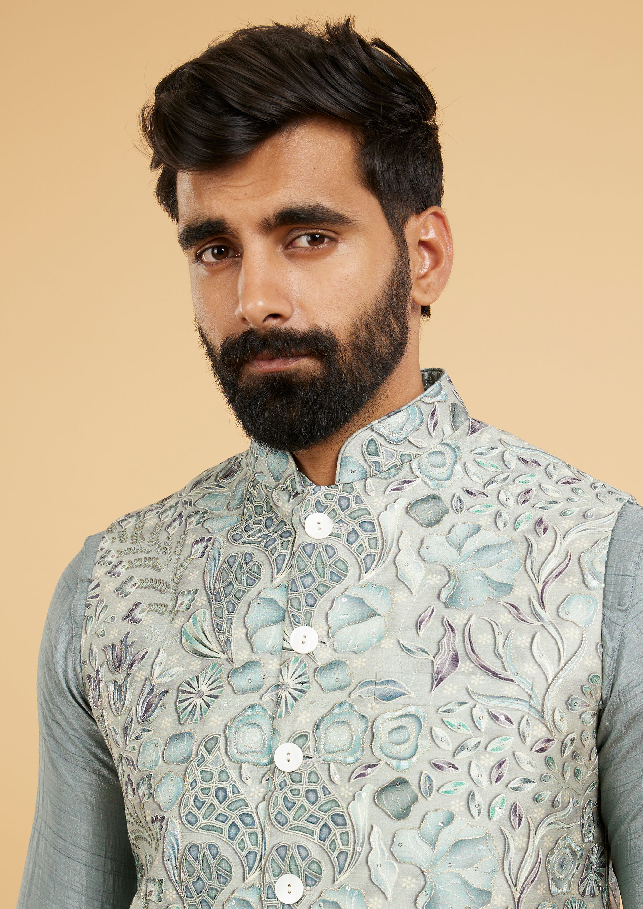 Twamev Men Soft Green Bel Buti Printed Jacket Set
