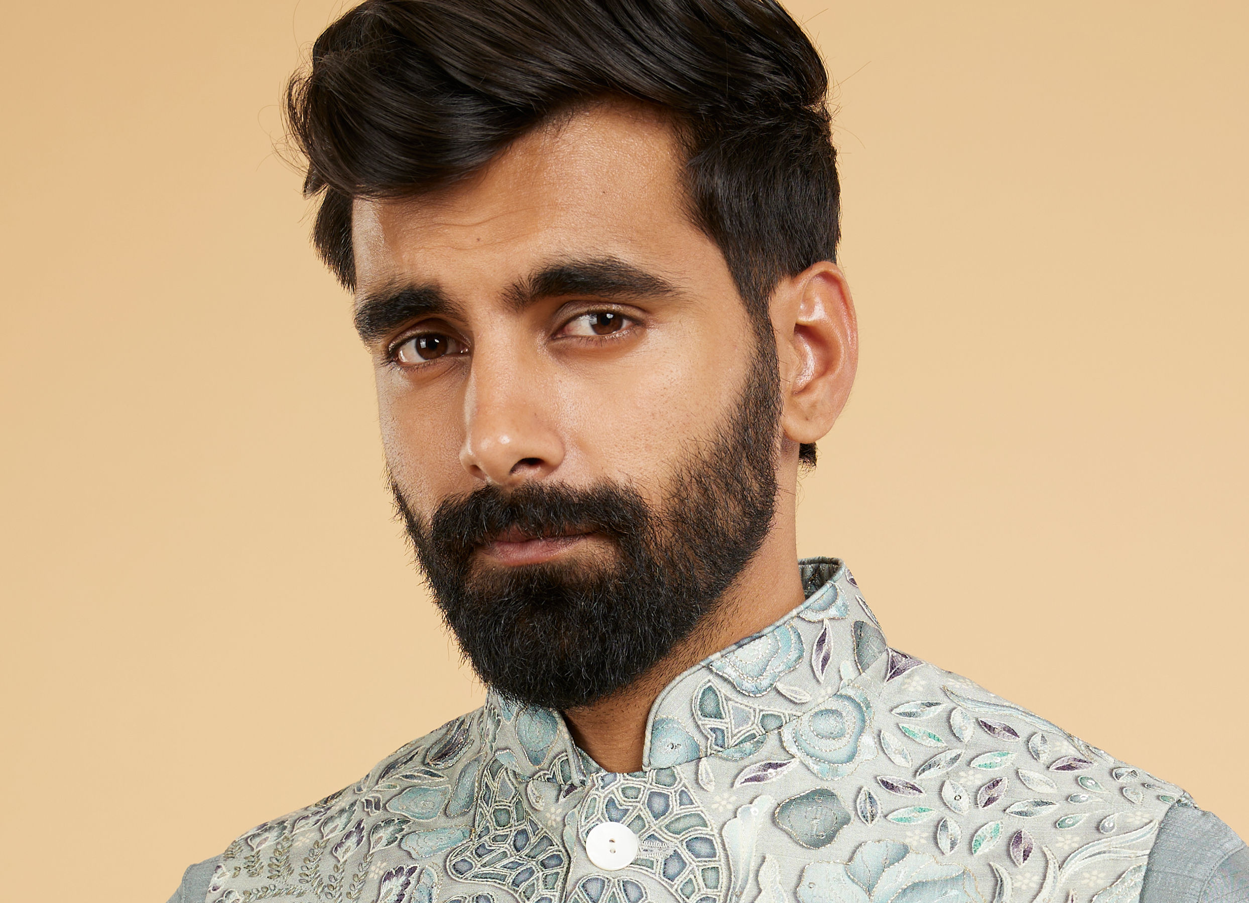 Twamev Men Soft Green Chanderi Bel Buti Printed Jacket Set