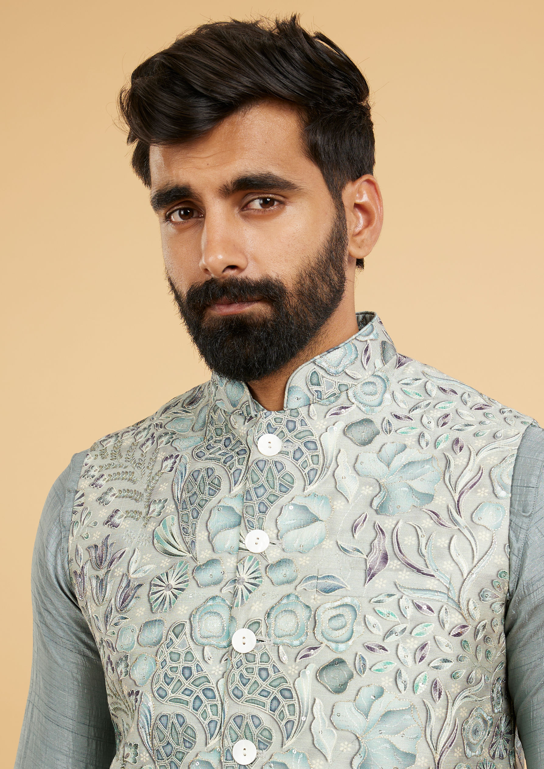 Twamev Men Soft Green Bel Buti Printed Jacket Set
