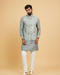 Twamev Men Soft Green Chanderi Bel Buti Printed Jacket Set