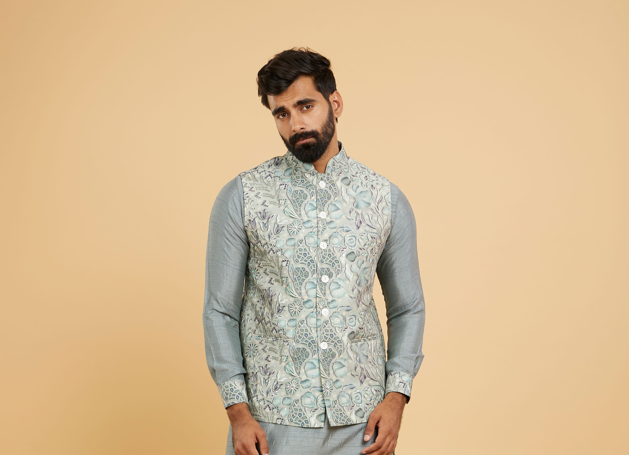 Twamev Men Soft Green Chanderi Bel Buti Printed Jacket Set