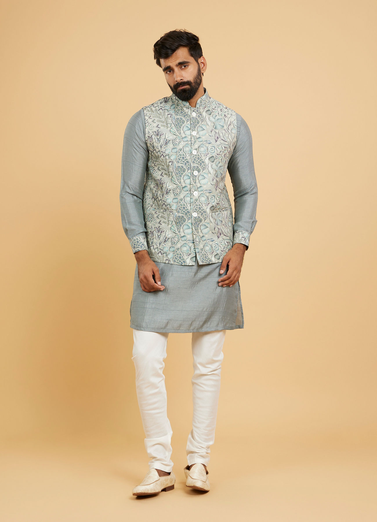Twamev Men Soft Green Chanderi Bel Buti Printed Jacket Set